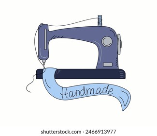  Sewing machine. Sewing, handmade, hobby sign. Working tool for needlework. Drawing, doodle, hand lettering. Vector illustration, white isolated background.