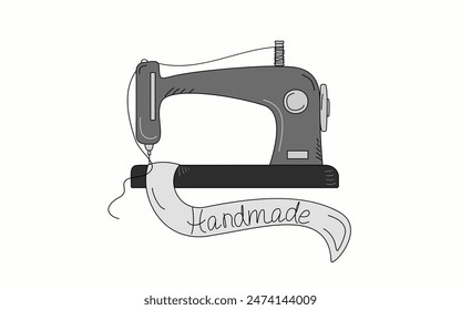  Sewing machine. Sewing, handmade, hobby sign. Working tool for needlework. Drawing, doodle, hand lettering. Vector illustration, white isolated background.