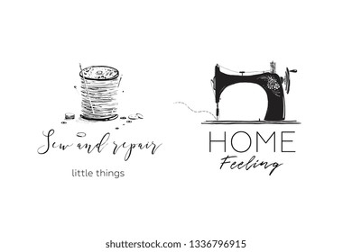 Sewing Machine Hobby Logotype. Cute Black and white sewing craft logotype design.
