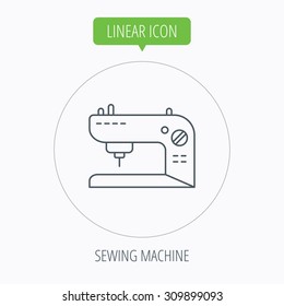 Sewing machine icon. Embroidery sign. Linear outline circle button. Vector