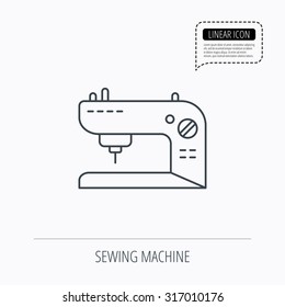 Sewing machine icon. Embroidery sign. Linear outline icon. Speech bubble of dotted line. Vector