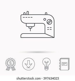 Sewing machine icon. Embroidery sign. Download arrow, lamp, learn book and award medal icons.
