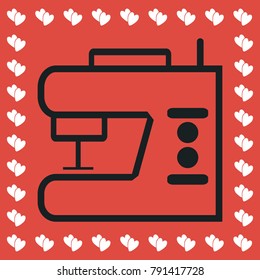 Sewing machine icon flat. Simple black pictogram on red background with white hearts for valentines day. Vector illustration symbol