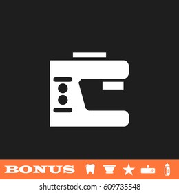 Sewing machine icon flat. White pictogram on black background. Vector illustration symbol and bonus button tooth, vase, star, mirror, bottle