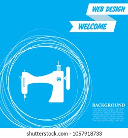 Sewing Machine icon on a blue background with abstract circles around and place for your text. Vector illustration