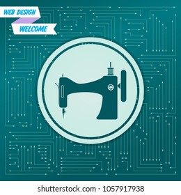 Sewing Machine icon on a green background, with arrows in different directions. It appears on the electronic board. Vector illustration