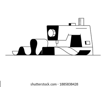 Icono de máquina de coser. Icono de vector de contorno de la moderna máquina de coser casera con un trozo de tela. Ilustración lineal en blanco y negro de una tela de coser de máquina