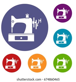 Sewing machine icons set in flat circle reb, blue and green color for web