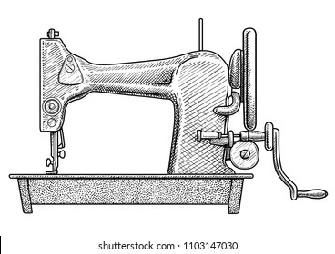 Sewing machine illustration, drawing, engraving, ink, line art, vector
