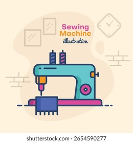 Sewing machine Illustration with vibrant colors placed against a brown wall