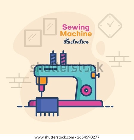 Sewing machine Illustration with vibrant colors placed against a brown wall