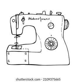 Máquina de coser aislada sobre fondo blanco. Convertir el esbozo de tinta dibujado a mano en vector. 