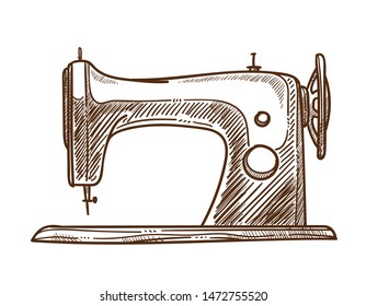 Sewing machine isolated sketch handmade clothes tailor services vector mechanic retro equipment needlework craft shop or store designer garments repairing and creation unique outfits showroom