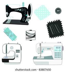 Sewing machine kit black, white and blue vector