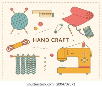 Sewing machine and knitting workshop items. Sawing workshop poster. flat design style minimal vector illustration.