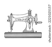 Sewing machine line art. Tailoring, factory, atelier. Vintage sewing tool. Tailor profession. Hand drawn vector doodle illustration.