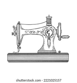 Sewing machine line art. Tailoring, factory, atelier. Vintage sewing tool. Tailor profession. Hand drawn vector doodle illustration.