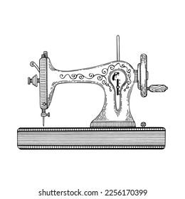Sewing machine line art. Tailoring, factory, atelier. Vintage sewing tool. Tailor profession. Hand drawn vector doodle illustration.