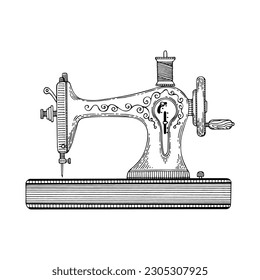 Sewing machine line art. Tailoring, factory, atelier. Vintage sewing tool. Tailor profession. Hand drawn vector doodle illustration.