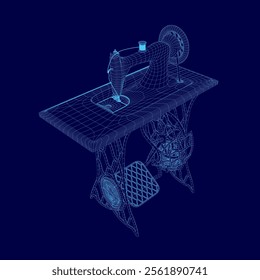 Sewing Machine Line Wireframe, Outline Vector Symbol Illustration. Isometric view. 3D