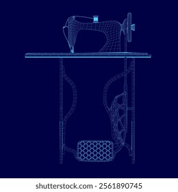 Sewing Machine Line Wireframe, Outline Vector Symbol Illustration. Side view. 3D