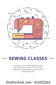 Sewing machine logo. Thin line flat clothes designer workplace. Modern vector illustration concept. Business card template.