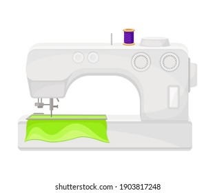 Sewing Machine Making Stitches on Cloth Vector Illustration