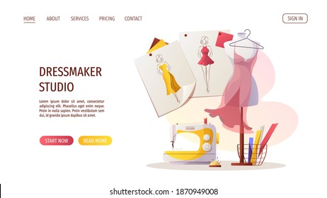 Sewing machine, mannequin, dress.  Sketches, fabric, pincushion. Fashion design, dressmaking, sewing workshop or courses, tailoring concept. Vector illustration for banner, advertising.