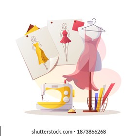 Sewing machine, mannequin, dress.  Sketches, fabric, pincushion. Fashion design, dressmaking, sewing workshop or courses, tailoring concept. Isolated vector illustration for banner, advertising.
