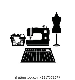 Sewing machine with mannequin and fabric
