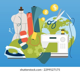 Sewing machine, mannequin, iron, patterns and sketches, pins and threads. Fashion design, sewing workshop or tailoring courses. Vector illustration of a sewing workshop, the concept of a sewing hobby.