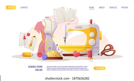 Sewing machine, mannequin.  patterns and sketches, pincushion, threads. Fashion design, dressmaking, sewing workshop or courses, tailoring concept. Vector illustration for banner, advertising.