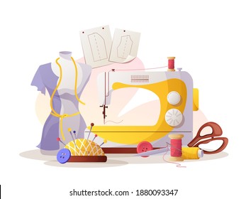 Sewing machine, mannequin.  patterns and sketches, pincushion, threads. Fashion design, dressmaking, sewing workshop or courses, tailoring concept. Vector illustration for banner, advertising.