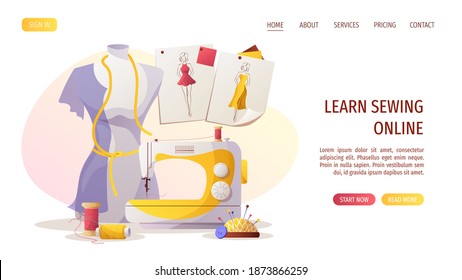 Sewing machine, mannequin, sketches, pincushion, threads. Fashion design, dressmaking, sewing workshop or courses, tailoring concept. Vector illustration for banner, advertising, website.