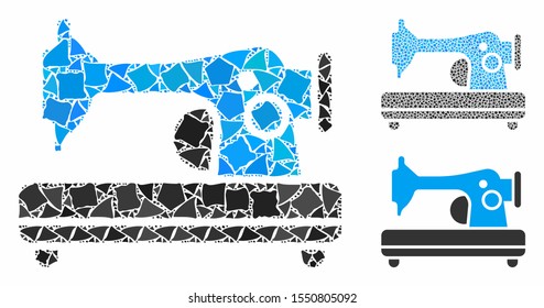 Sewing machine mosaic of ragged elements in variable sizes and color hues, based on sewing machine icon. Vector ragged items are combined into mosaic. Sewing machine icons collage with dotted pattern.