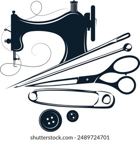 Sewing machine, needle, spool of thread and buttons