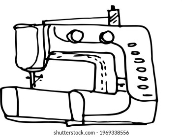 
Máquina de coser con costura. Ilustración gráfica de Doodle dibujo a mano esbozar elementos aislados en fondo blanco