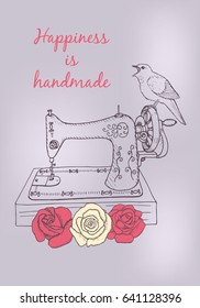 Sewing machine, nightingale and roses. Greeting card.  Hand drawn vector illustration
