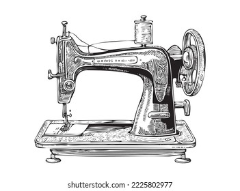 Sewing machine old sketch hand drawn in doodle style Vector illustration.