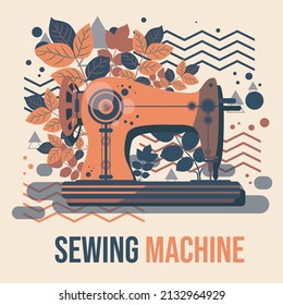 Sewing machine on a background of natural leaves and beautiful stripes. Vector illustration. Retro style