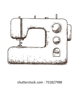 Sewing machine on white background, sketch illustration of accessories for handicrafts. Vector