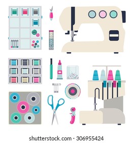 Sewing machine, overlock, measuring tape, scissors, threads.  Vector set.