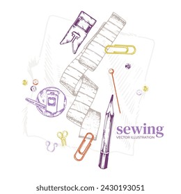 Sewing machine parts, measuring tape, pencil for notes. Cutting and sewing concept. Working tools of a seamstress, tailor, fashion designer. Vector illustration