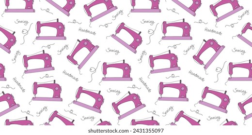  Sewing machine pattern and inscriptions. Doodles, black outline drawings. Hand lettering. Handicraft, hobby, handmade icons. Vector seamless background.	