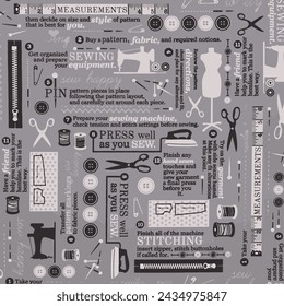 Sewing machine pattern thread buttons in grey vintage style