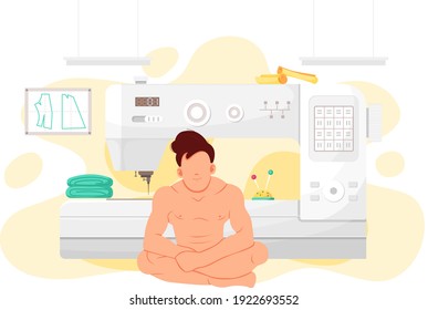 Sewing machine with piece of fabric during work. Custom tailoring with special equipment. Naked faceless male character after bath sits with sewing machine on background. Guy in underwear in atelier