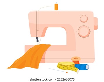A sewing machine with a piece of fabric. Tailoring. Vector illustration