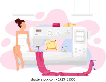 Sewing machine with piece of fabric vector illustration. Custom tailoring with special equipment. Girl in dress or wrapped in towel after bath sits on sewing machine and looks at work of needle