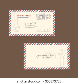 Sewing machine repair. Business card vector template, styled as a vintage envelope with postage stamp. Hand drawn, pen ink. Also suitable for flyer, banner, advertisement, promotion