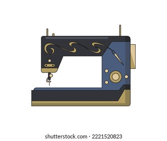Sewing machine. Retro design form of tool for sewing. Colorful equipment of dressmaker. Vector illustration in flat style